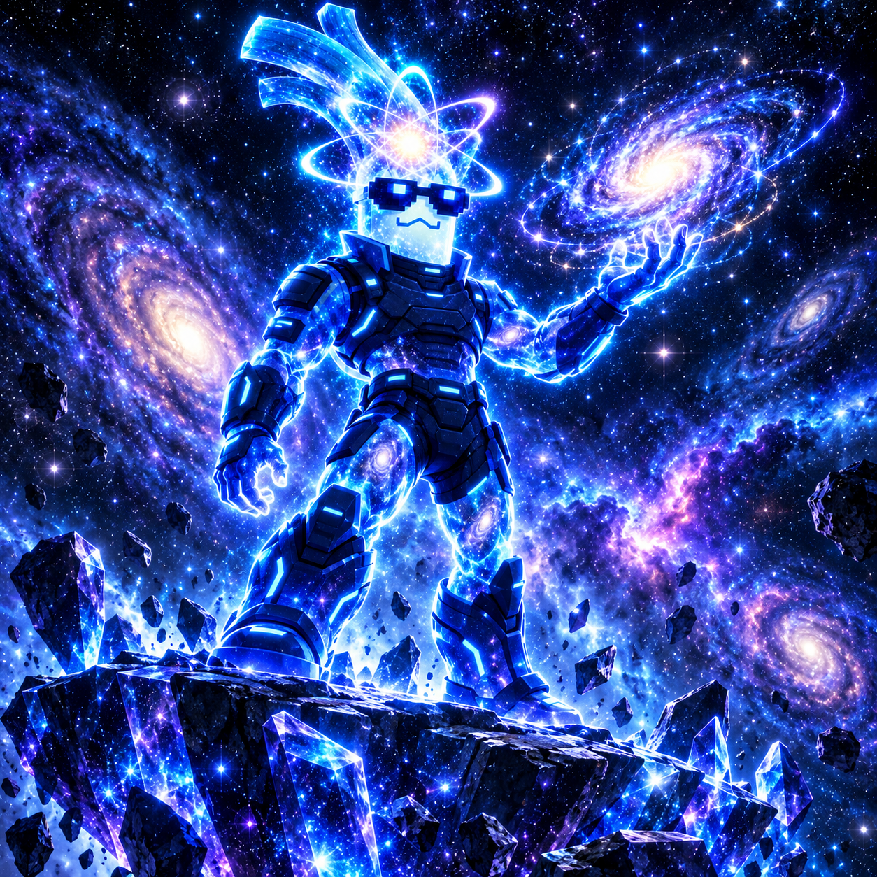 Quantum Cyberleek holding a galaxy above a crystalline cosmic platform